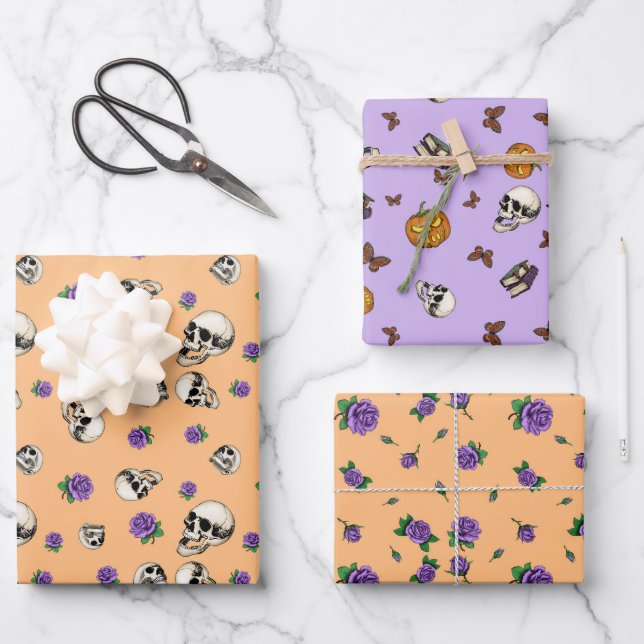 Skulls and Roses Pattern Halloween Wrapping Paper Sheet (Front)