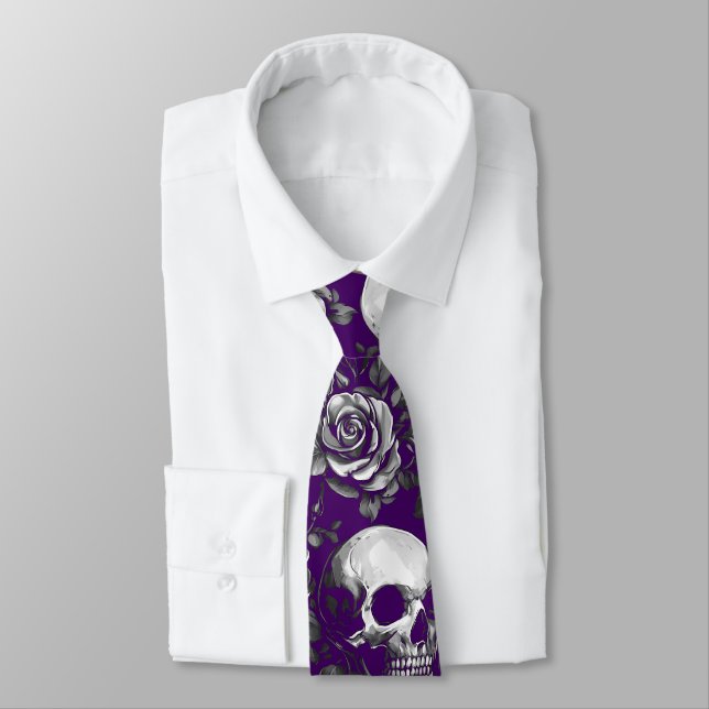 Skulls And Roses Purple Halloween Tie (Tied)