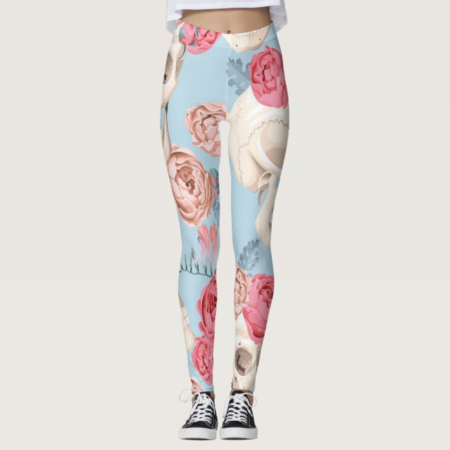 Skulls and Roses Vintage Pattern Leggings (Front)