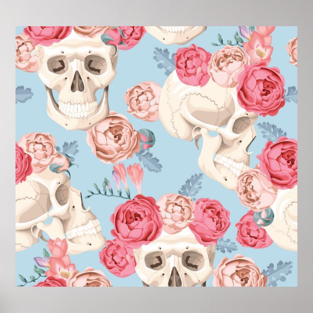 Skulls and Roses Vintage Pattern Poster (Front)