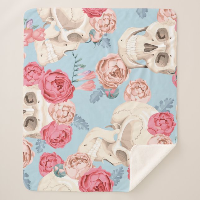 Skulls and Roses Vintage Pattern Sherpa Blanket (Front)