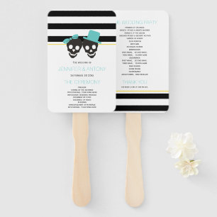 Skulls and stripes aqua wedding program hand fan