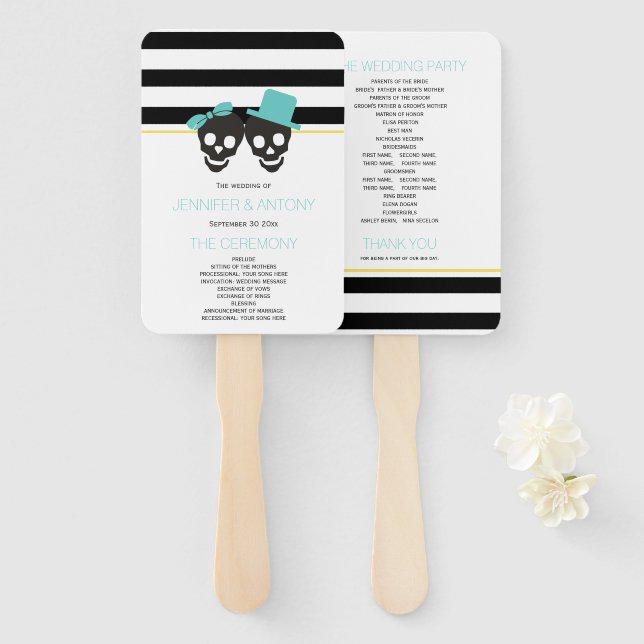Skulls and stripes aqua wedding program hand fan (Front and Back)