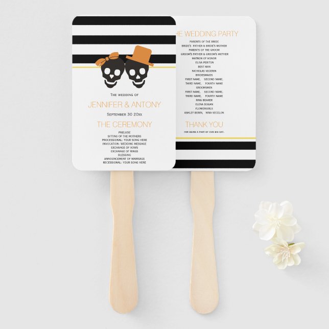 Skulls and stripes orange wedding program hand fan (Front and Back)