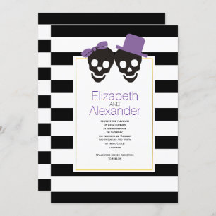Skulls and stripes purple Halloween wedding Invitation