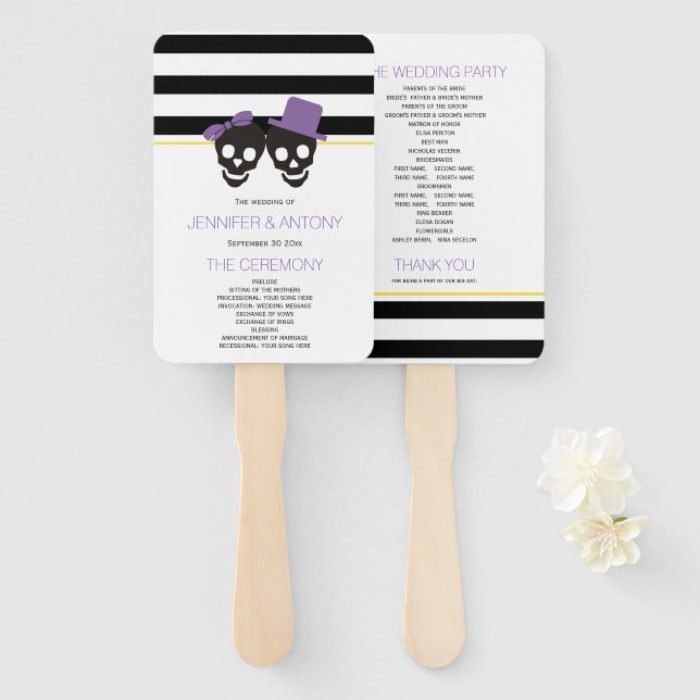 Skulls and stripes purple wedding program hand fan (Front and Back)