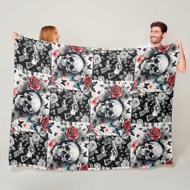 Skulls and Vintage Revolvers Floral Fleece Blanket (In Situ)