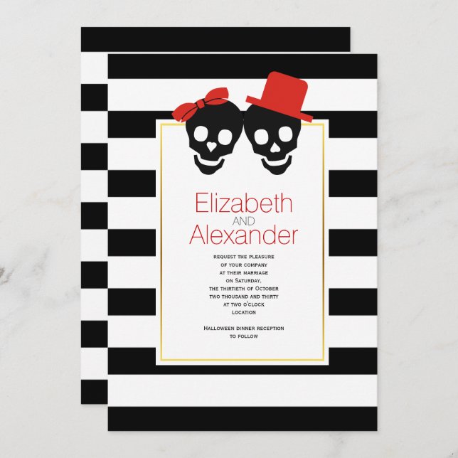 Skulls black, white stripes Halloween red wedding Invitation (Front/Back)