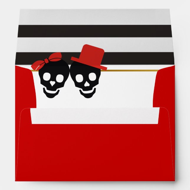 Skulls, black white stripes red Halloween wedding Envelope (Back (Bottom))