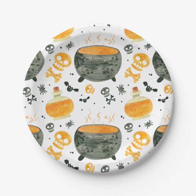 Skulls & Cauldrons Spooky Halloween Party Paper Plate (Front)