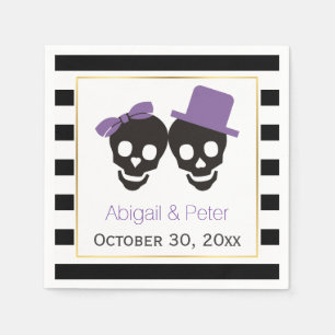 Skulls couple and stripes purple Halloween wedding Napkin
