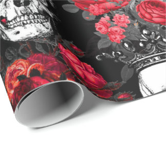 Skulls crowns and faded red roses on a dark black wrapping paper