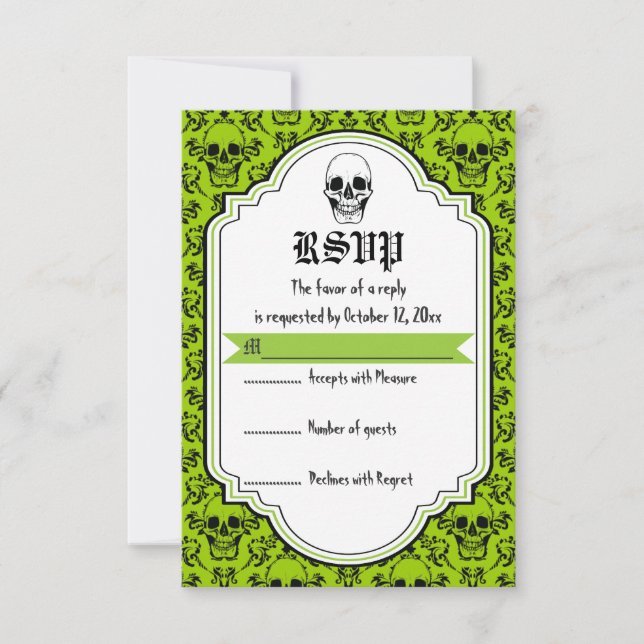 Skulls damask green, black Halloween wedding RSVP Card (Front)