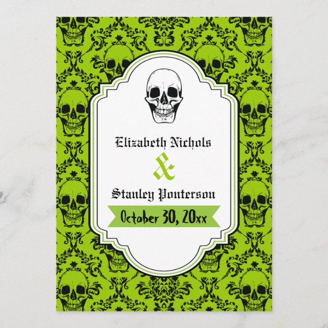 Skulls damask green, black wedding program programme (Front)