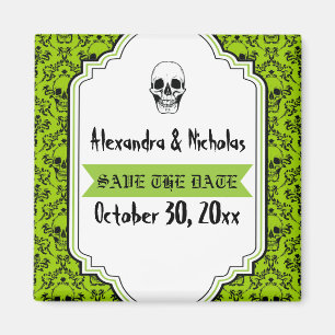 Skulls damask green, black wedding Save the Date Magnet