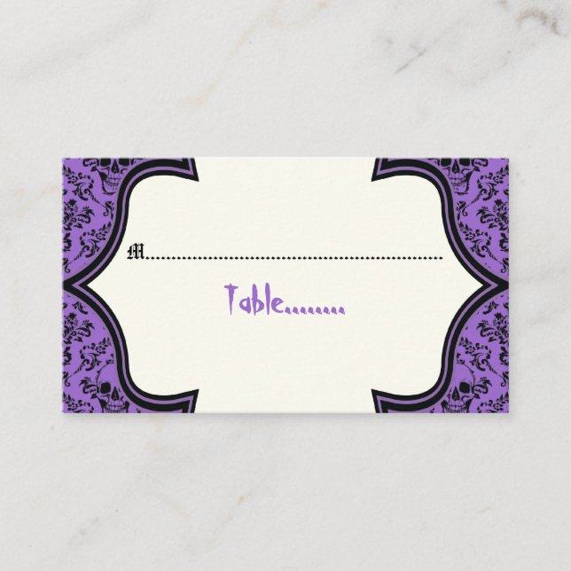 Skulls damask purple black Halloween place card (Front)