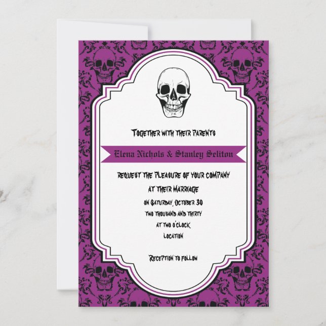 Skulls damask purple, black Halloween wedding Invitation (Front)
