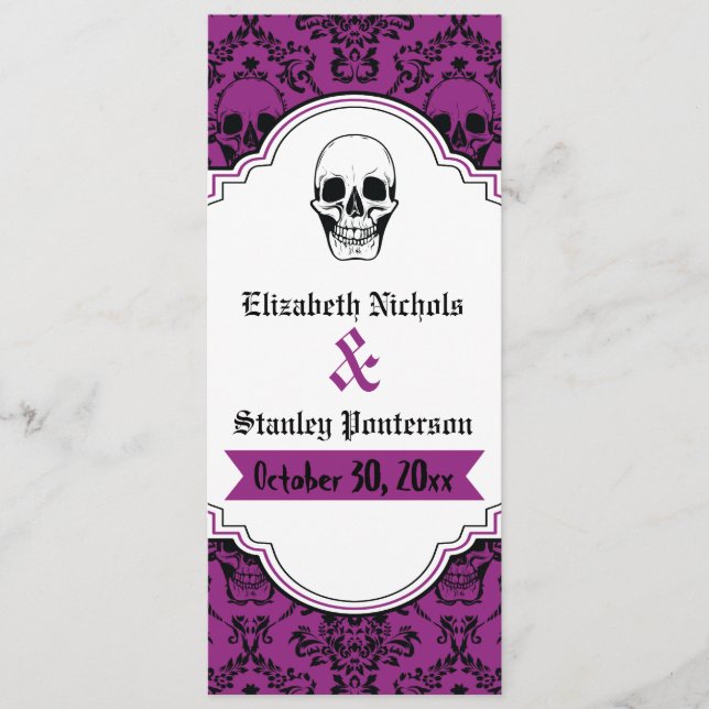 Skulls damask purple, black wedding program programme (Front)