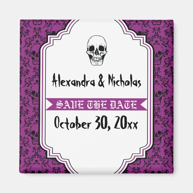 Skulls damask purple, black wedding Save the Date Magnet (Front)