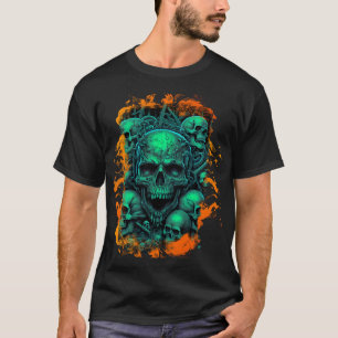 Skulls Flames Scary Green Colour Gothic Biker T-Shirt