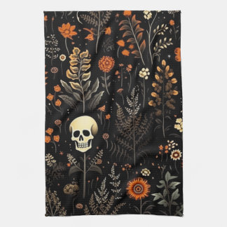 Skulls Flowers and Greenery Black Halloween Tea Towel
