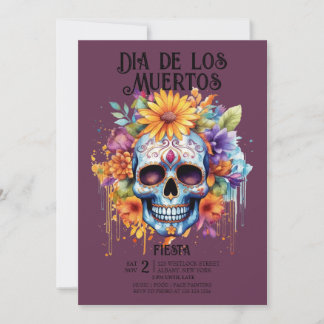 Skulls Flowers Indigo Dia de los Muertos Party Invitation