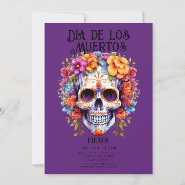 Skulls Flowers Purple Dia de los Muertos Party Invitation (Front)