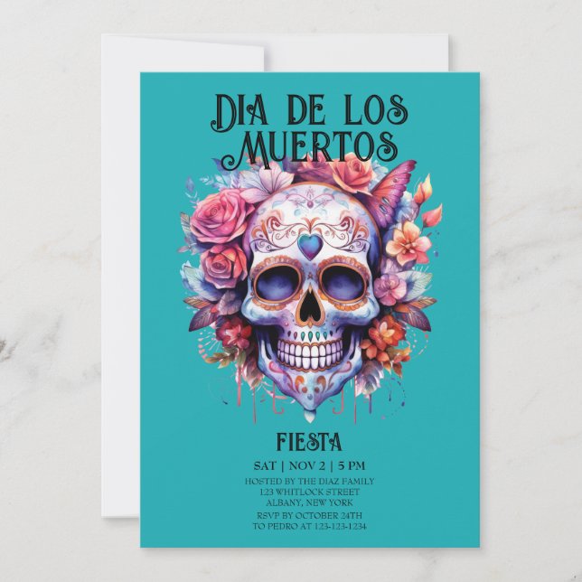 Skulls Flowers Turquoise Dia de los Muertos Party Invitation (Front)