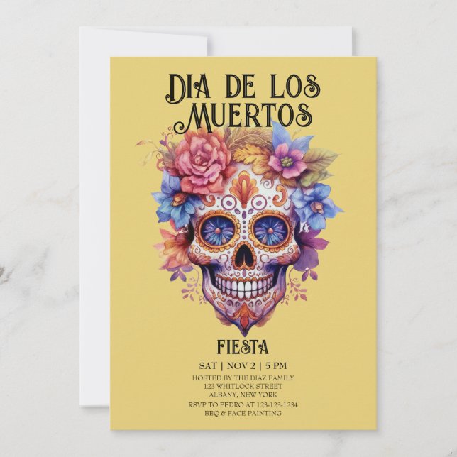 Skulls Flowers Yellow Dia de los Muertos Party Invitation (Front)