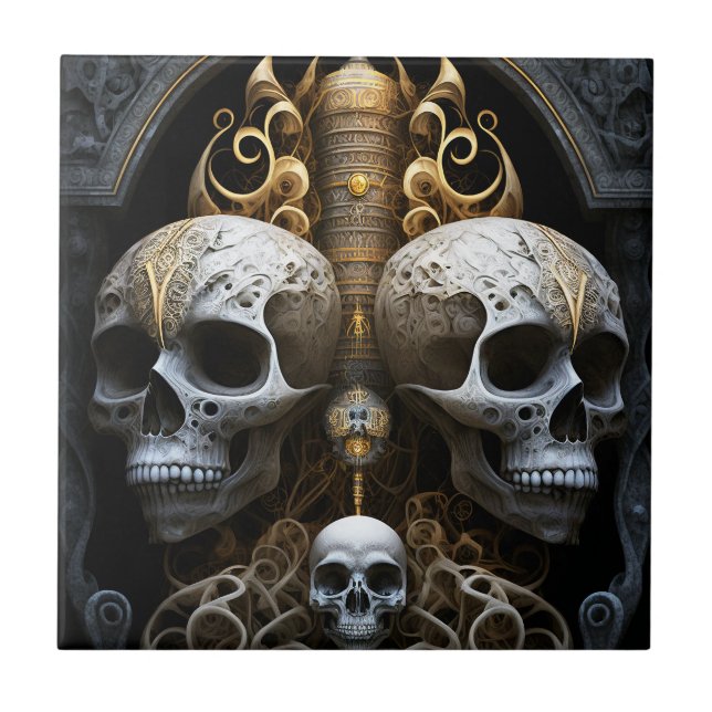 Skulls Gothic Horror Goth Surreal Art Tile (Front)