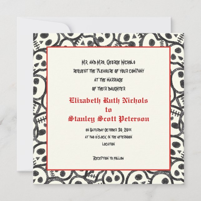 Skulls Halloween red black wedding invitation (Front)