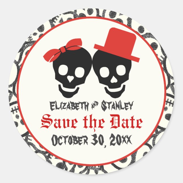 Skulls Halloween red black wedding Save the Date Classic Round Sticker (Front)