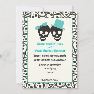Skulls Halloween turquoise wedding invitation
