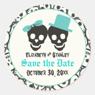 Skulls Halloween Turquoise wedding Save the Date Classic Round Sticker