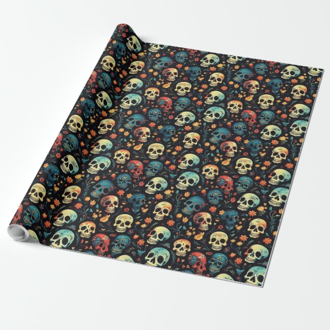 Skulls in Bloom Halloween Wrapping Paper (Unrolled)