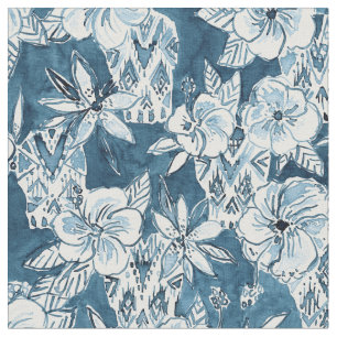 SKULLS IN PARADISE Navy Tropical Hibiscus Pattern Fabric