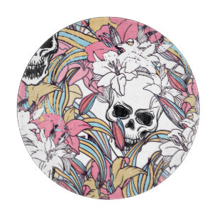 Skulls Lily Flowers: Boho Vintage. Cutting Board
