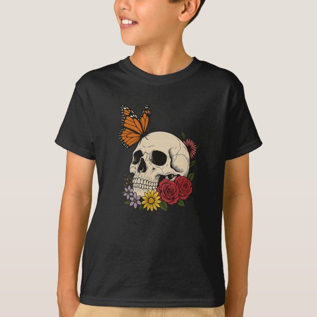 Skulls Monarch Butterfly Flowers Halloween Men Wom T-Shirt (Front)