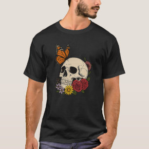 Skulls Monarch Butterfly Flowers Halloween Men Wom T-Shirt