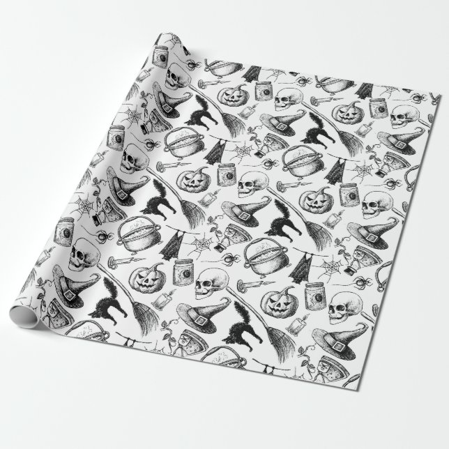 Skulls Pumpkins Broomsticks Bats Halloween Wrapping Paper (Unrolled)