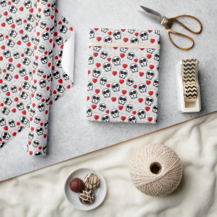 Skulls & Red Hearts Halloween Pattern Wrapping Paper