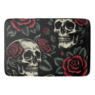 Skulls & Red Roses Gothic Floral  Bath Mat