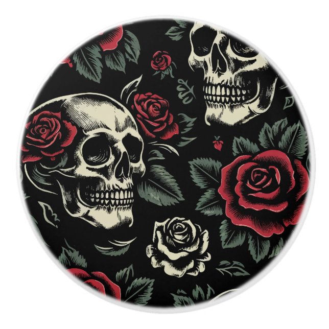 Skulls & Red Roses Gothic Floral  Ceramic Knob (Front)