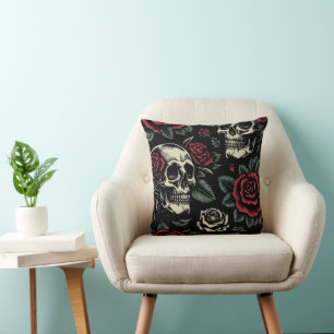 Skulls & Red Roses Gothic Floral Cushion