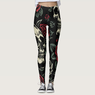 Skulls & Red Roses Gothic Floral  Leggings