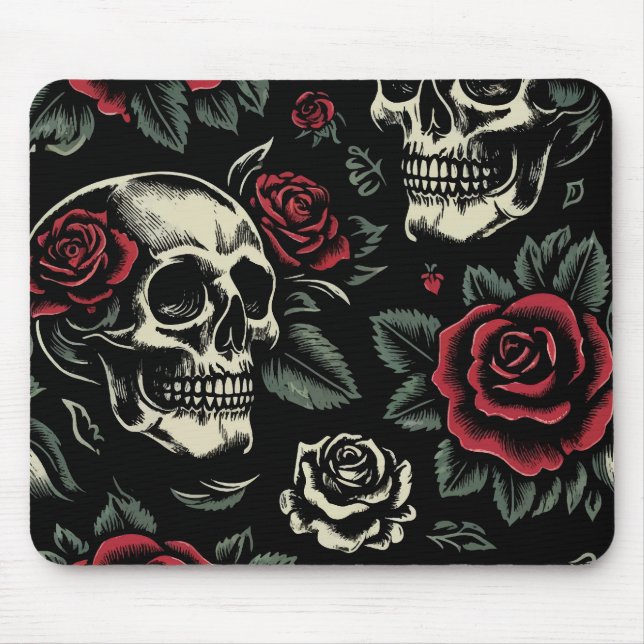 Skulls & Red Roses Gothic Floral  Mouse Pad (Front)