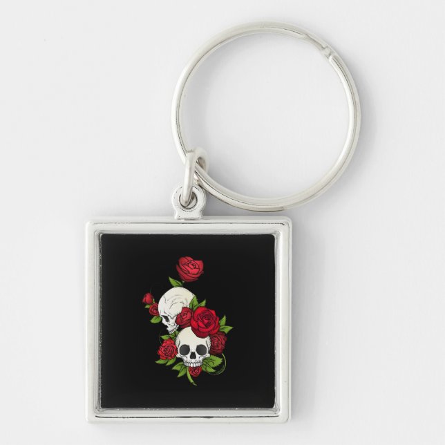 Skulls Roses Día de Muertos Key Ring (Front)