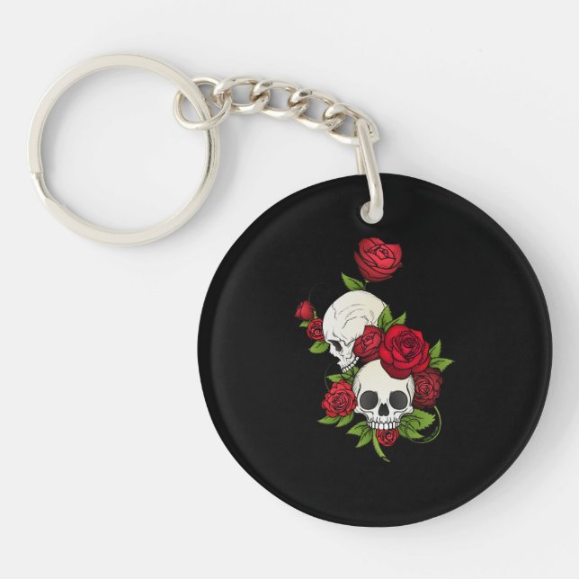 Skulls Roses Día de Muertos Key Ring (Front)