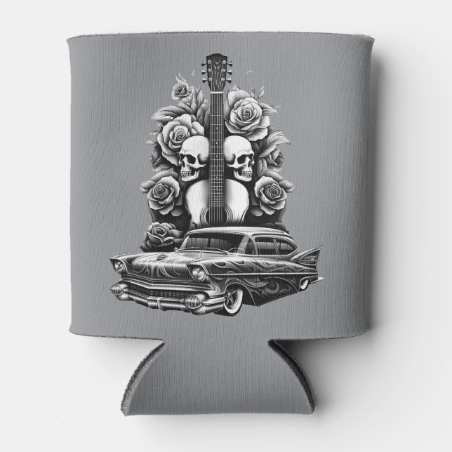 Skulls, Roses & Lowrider Art Can Cooler (Front)