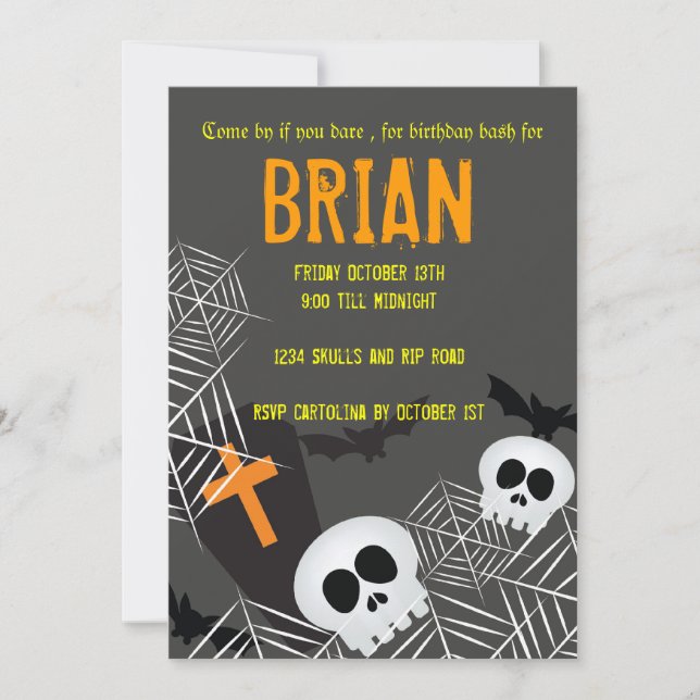 Skulls spider webs and rip hallowen birthday party invitation (Front)